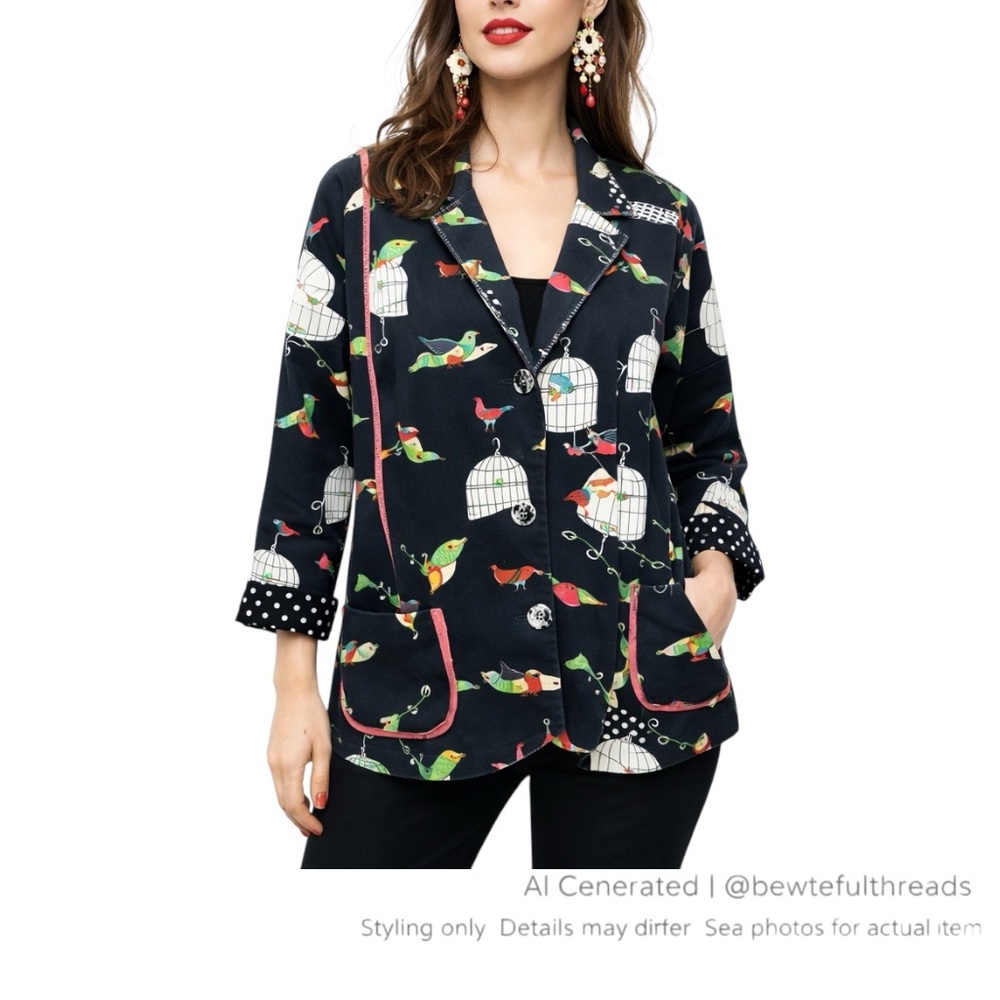 Artsy Statement Jacket XL Bird Print Indie Teacher Core